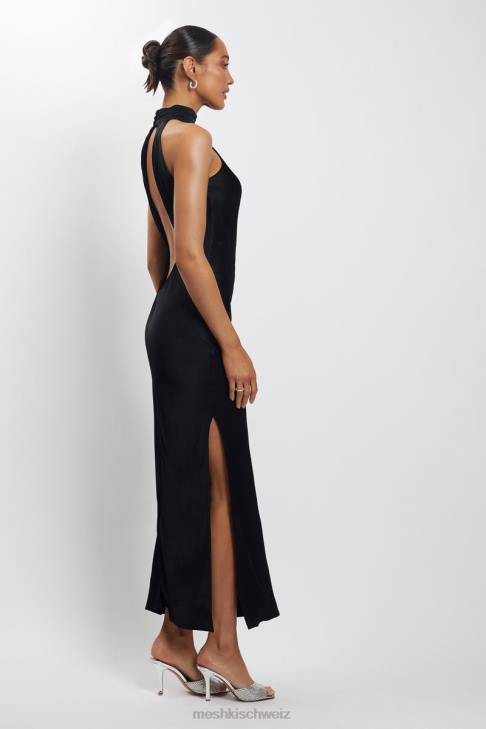 Meshki Claire Satin Drape Back Maxi Dress with Split Black Clothing 060V101