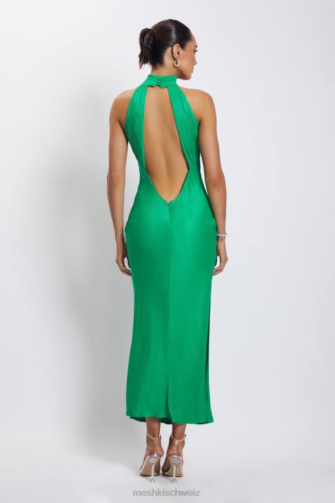 Meshki Claire Satin Drape Back Maxi Dress with Split Green Clothing 060V37