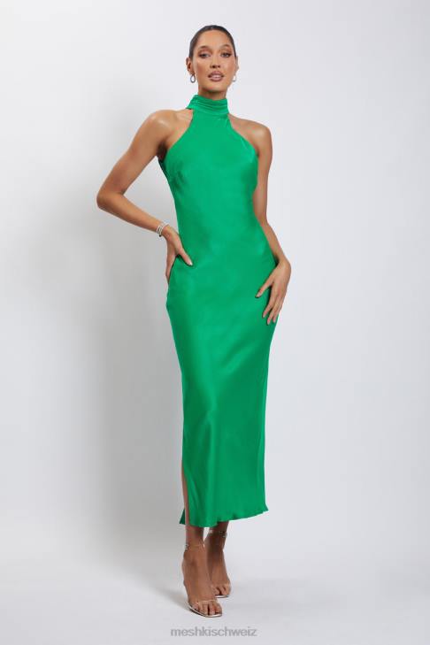 Meshki Claire Satin Drape Back Maxi Dress with Split Green Clothing 060V37