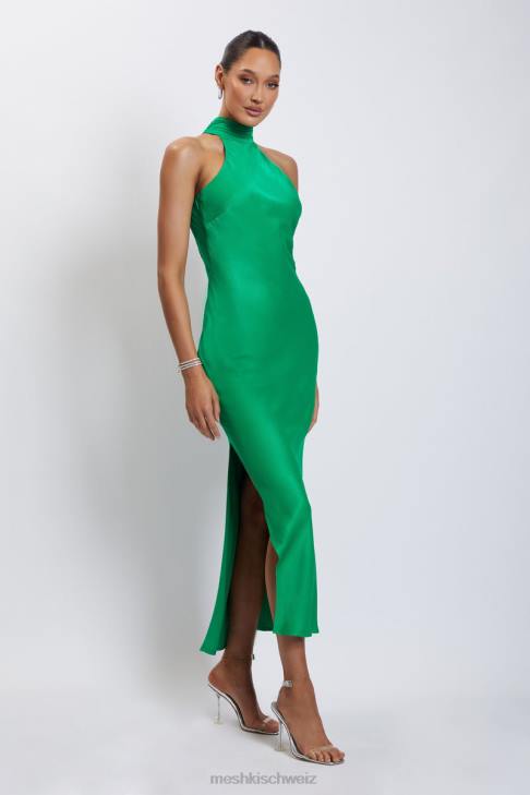Meshki Claire Satin Drape Back Maxi Dress with Split Green Clothing 060V37