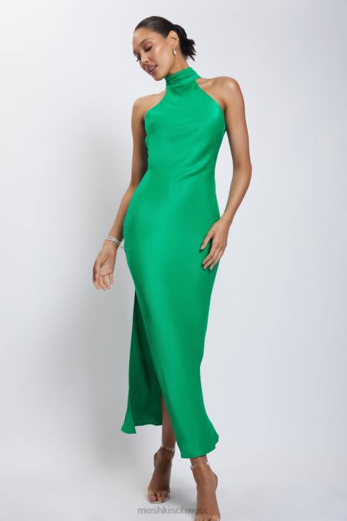 Meshki Claire Satin Drape Back Maxi Dress with Split Green Clothing 060V37