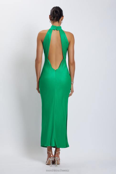 Meshki Claire Satin Drape Back Maxi Dress with Split Green Clothing 060V37