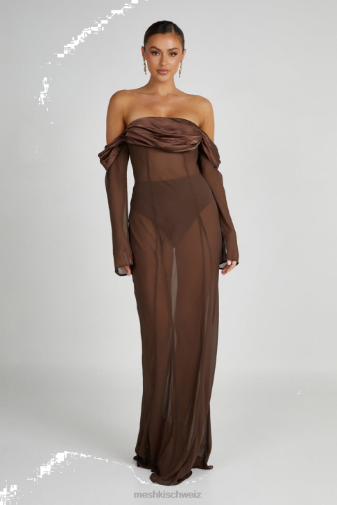 Meshki Ivanna Off Shoulder Chiffon Maxi Dress Mocha Clothing 060V51