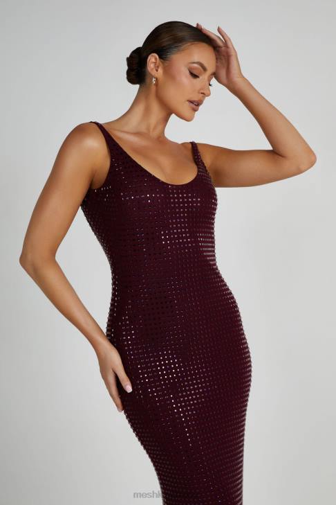 Meshki Pam Square Diamante Maxi Dress Berry Clothing 060V128