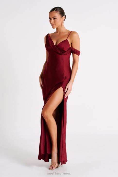 Meshki Soleil Satin Off Shoulder Maxi Dress Berry Clothing 060V28