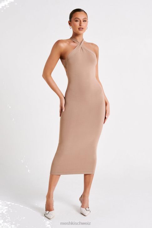 Meshki Sarai Halter Neck Knit Midi Dress Wheat Clothing 060V47