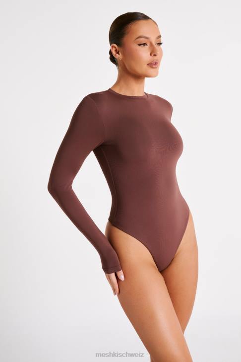 Meshki Delilah-Body aus recyceltem Nylon mit langen Ärmeln und Rundhalsausschnitt Mokka Kleidung 060V774