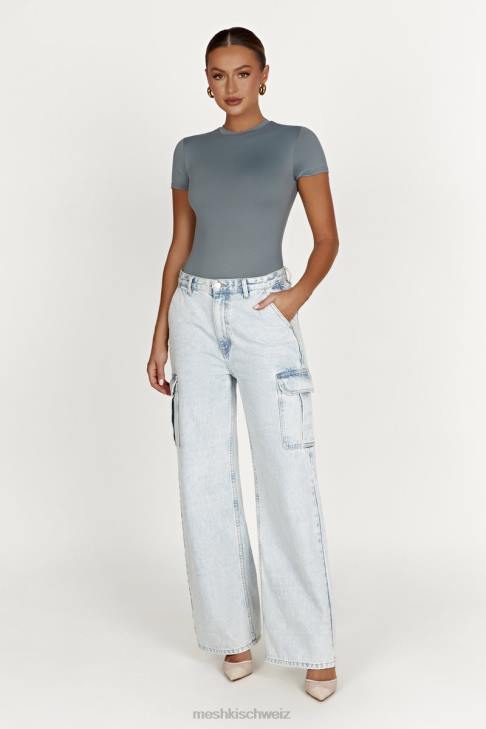 Meshki Francesca-Body aus recyceltem Nylon mit Rundhalsausschnitt und kurzen Ärmeln helle Holzkohle Kleidung 060V869