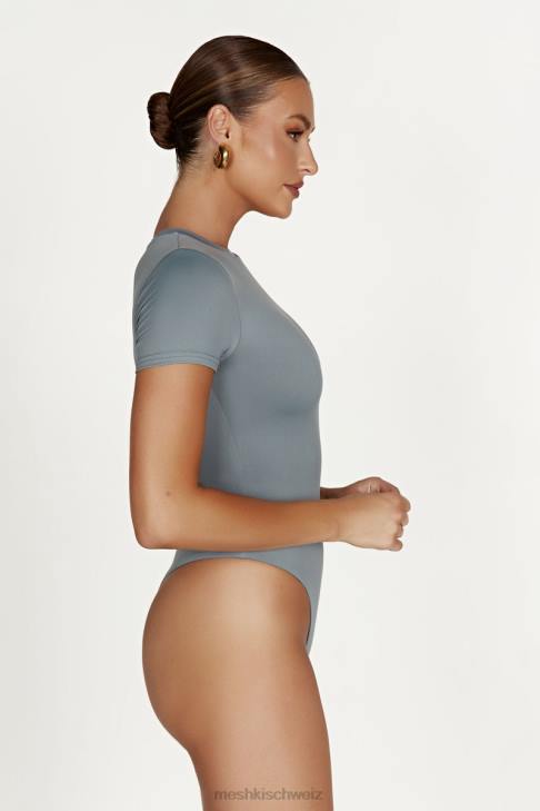 Meshki Francesca-Body aus recyceltem Nylon mit Rundhalsausschnitt und kurzen Ärmeln helle Holzkohle Kleidung 060V869