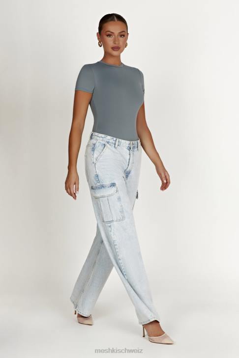 Meshki Francesca-Body aus recyceltem Nylon mit Rundhalsausschnitt und kurzen Ärmeln helle Holzkohle Kleidung 060V869