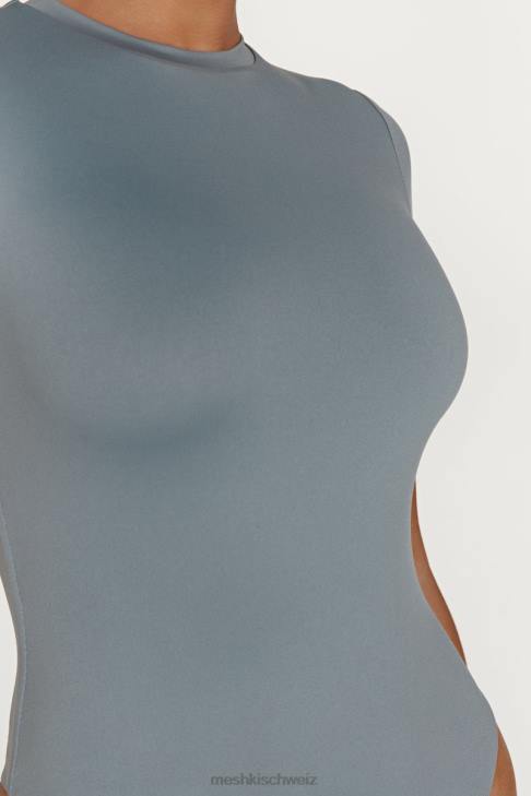 Meshki Francesca-Body aus recyceltem Nylon mit Rundhalsausschnitt und kurzen Ärmeln helle Holzkohle Kleidung 060V869