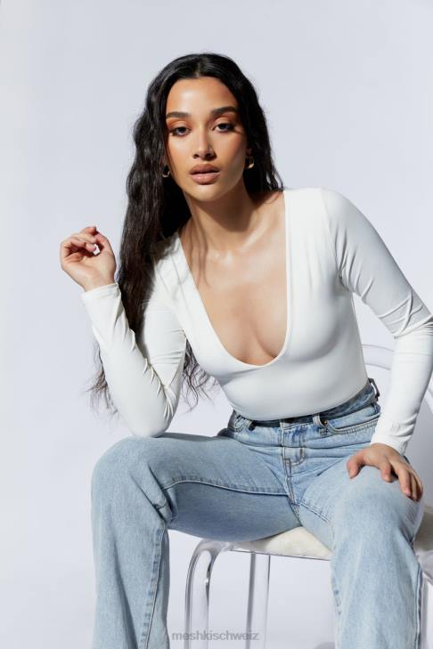 Meshki NIA Langarm-Body mit V-Ausschnitt Weiß Kleidung 060V948