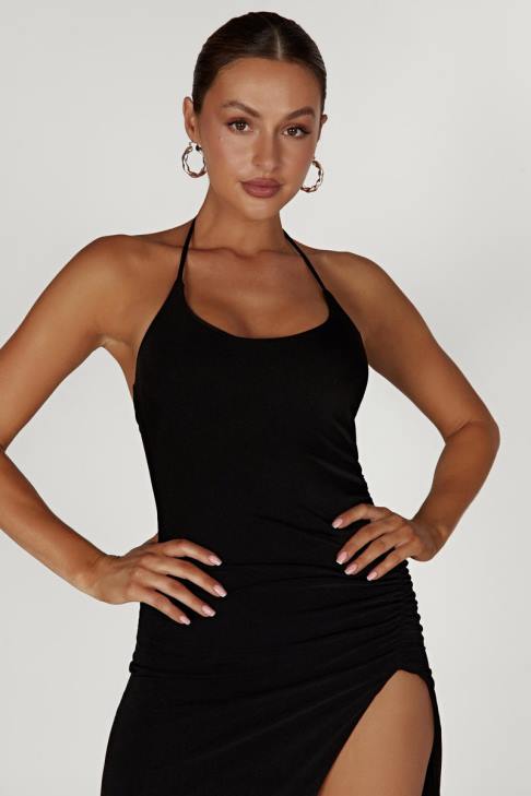 Meshki Allison Jersey-Maxikleid mit Rüschen und Schlitz Schwarz Kleidung 060V231