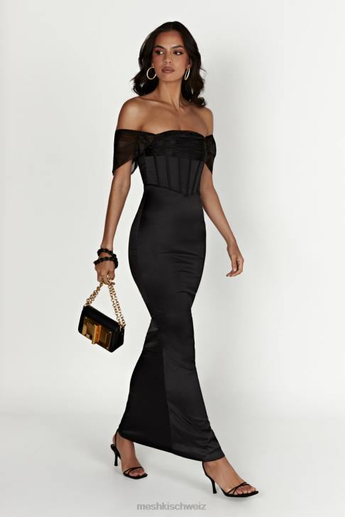 Meshki Immer schulterfreies Maxikleid aus Organza-Satin Schwarz Kleidung 060V430