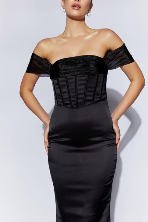 Meshki Immer schulterfreies Maxikleid aus Organza-Satin Schwarz Kleidung 060V430