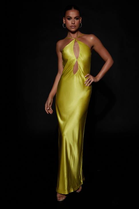 Meshki Lucia Satin-Maxikleid mit Cut-Outs Chartreuse Kleidung 060V530