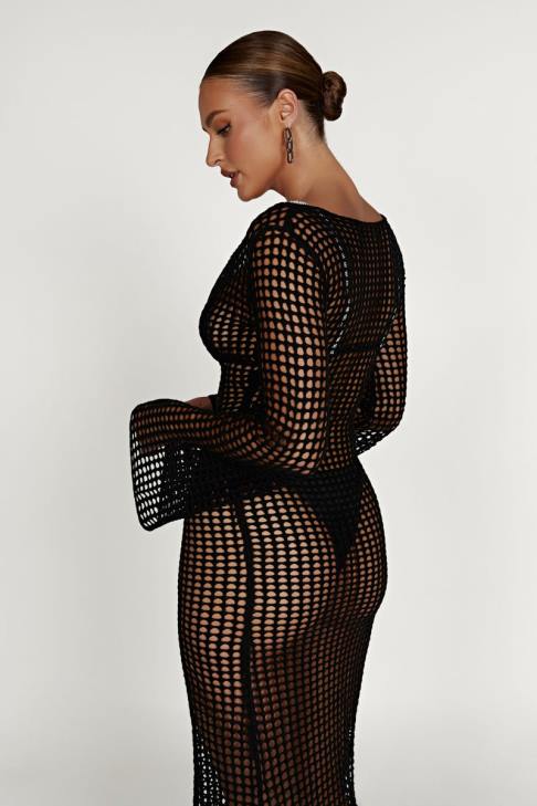 Meshki Murphy-Häkel-Maxikleid mit langen Ärmeln Schwarz Kleidung 060V740