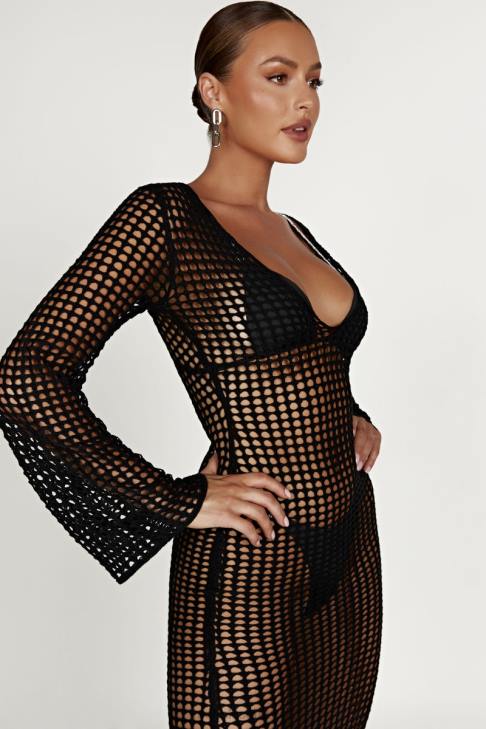 Meshki Murphy-Häkel-Maxikleid mit langen Ärmeln Schwarz Kleidung 060V740