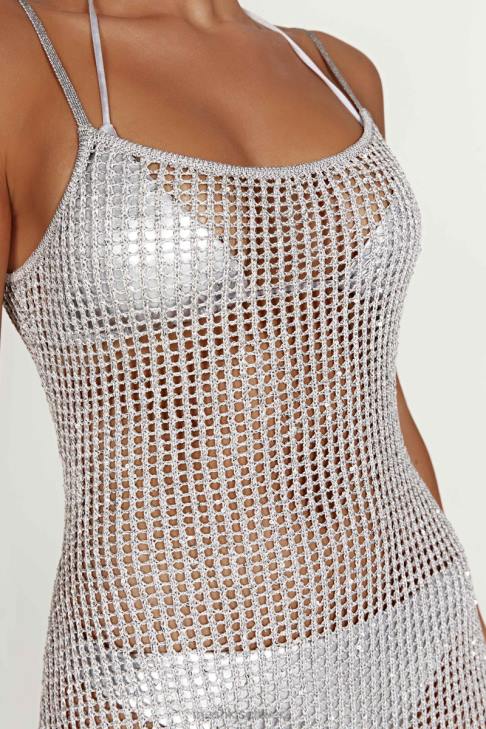 Meshki Zelda-Pailletten-Häkel-Maxikleid Silber Kleidung 060V502