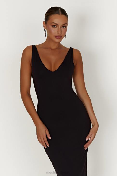 Meshki Gretel Midikleid aus recyceltem Nylon mit V-Ausschnitt Schwarz Kleidung 060V310