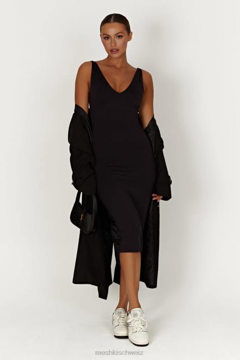 Meshki Gretel Midikleid aus recyceltem Nylon mit V-Ausschnitt Schwarz Kleidung 060V310