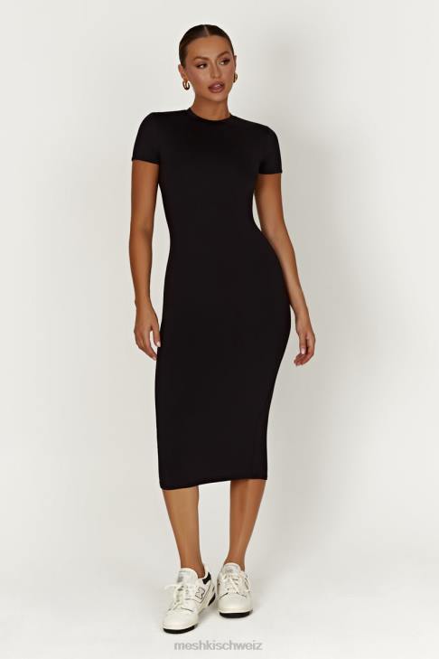 Meshki Penny-Midikleid aus recyceltem Nylon mit kurzen Ärmeln Schwarz Kleidung 060V349