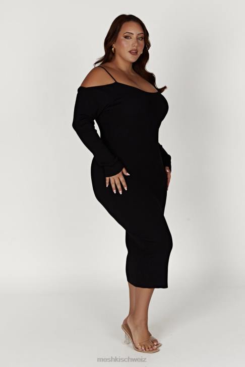 Meshki Schulterfreies Midikleid aus Shea-Strick Schwarz Kleidung 060V228