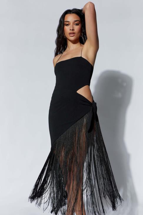 Meshki Yasmin Wickel-Midikleid mit Fransen Schwarz Kleidung 060V625