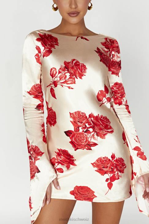 Meshki Davina Satin-Minikleid mit langen Ärmeln Rosendruck Kleidung 060V258