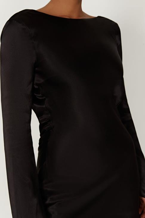 Meshki Davina Satin-Minikleid mit langen Ärmeln Schwarz Kleidung 060V272