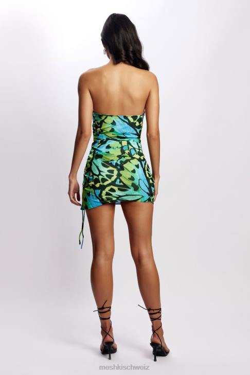 Meshki Katia trägerloses, seitlich gerafftes Minikleid Schmetterlingsdruck Kleidung 060V538