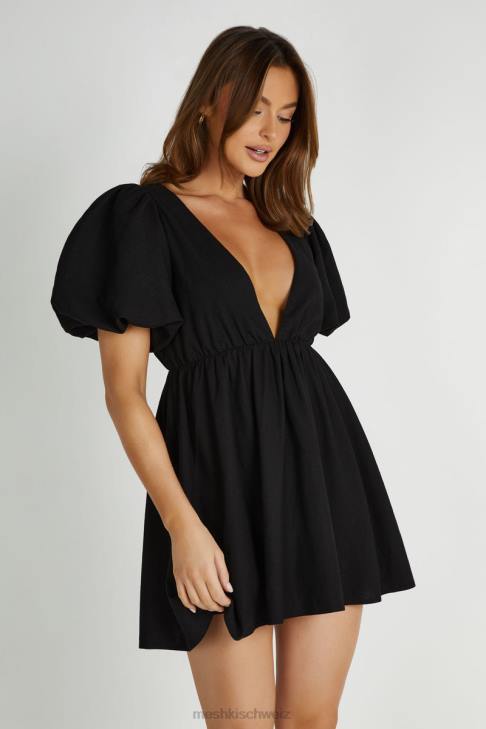 Meshki Myrah-Minikleid aus Leinen mit Puffärmeln Schwarz Kleidung 060V226