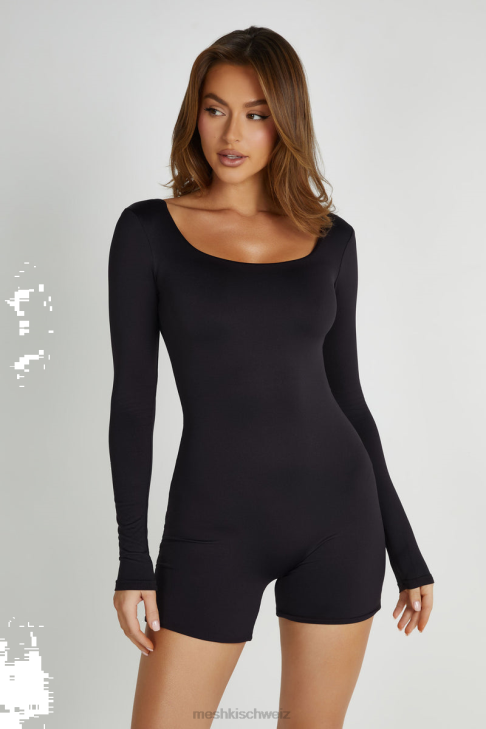 Meshki Oakley-Playsuit aus recyceltem Nylon mit langen Ärmeln Schwarz Kleidung 060V1372
