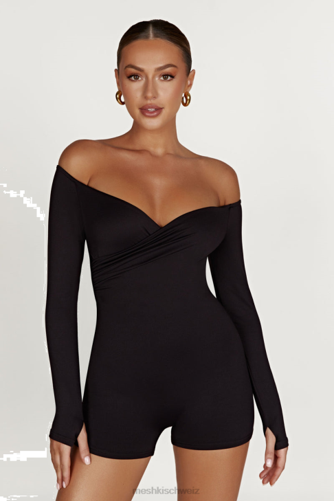 Meshki Schulterfreier Playsuit aus recyceltem Nylon Schwarz Kleidung 060V1390