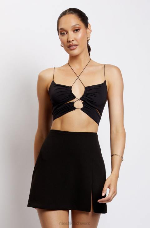 Meshki Gerüschtes Crop-Top mit Phoenix-Ausschnitt Schwarz Kleidung 060V1174