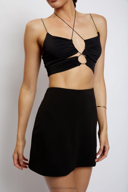 Meshki Gerüschtes Crop-Top mit Phoenix-Ausschnitt Schwarz Kleidung 060V1174