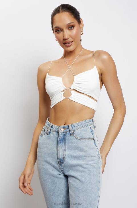 Meshki Gerüschtes Crop-Top mit Phoenix-Ausschnitt Weiß Kleidung 060V1153