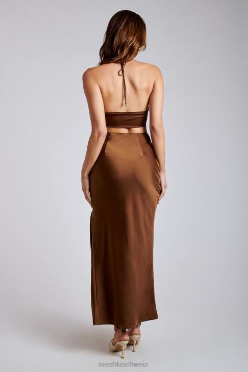 Meshki Kimia Satin-Crop-Top mit Rüschen und Krawatte Schokolade Kleidung 060V1163