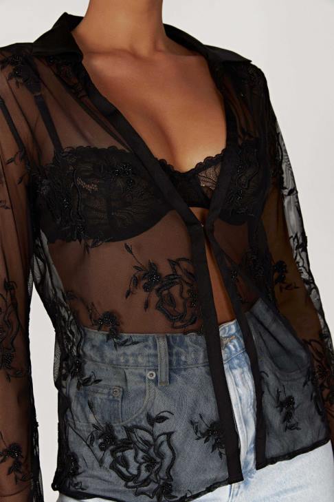 Meshki Vivica besticktes Netzhemd Schwarz Kleidung 060V991