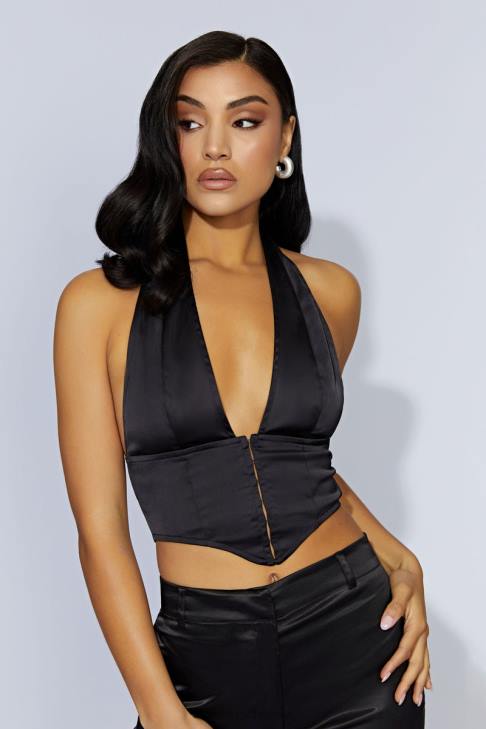 Meshki Mallory Satin-Korsett-Oberteil Schwarz Kleidung 060V1122