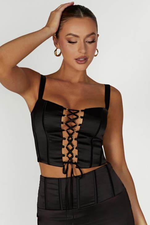 Meshki Scharlachrotes Korsett-Oberteil aus Satin Schwarz Kleidung 060V971