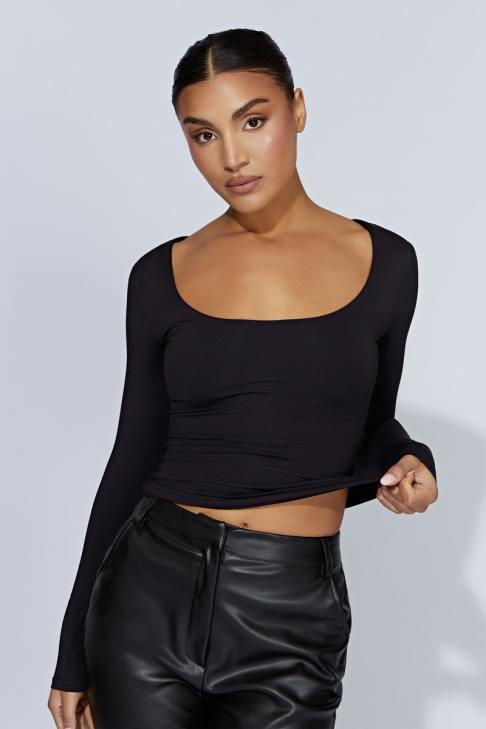 Meshki Heidekraut-Langarmoberteil mit U-Ausschnitt Schwarz Kleidung 060V940