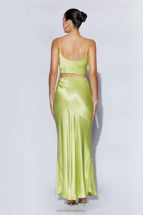 Meshki Mohnblumen-Satin-Top mit Wasserfallausschnitt Pistaziengrün Kleidung 060V1029