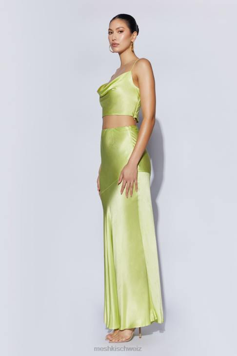 Meshki Mohnblumen-Satin-Top mit Wasserfallausschnitt Pistaziengrün Kleidung 060V1029