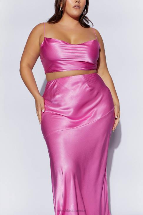 Meshki Mohnblumen-Satin-Top mit Wasserfallausschnitt Rosa Kleidung 060V1013