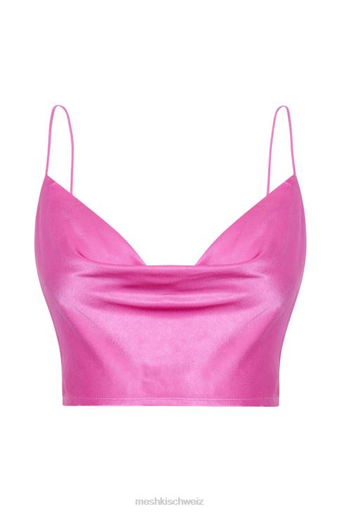 Meshki Mohnblumen-Satin-Top mit Wasserfallausschnitt Rosa Kleidung 060V1013