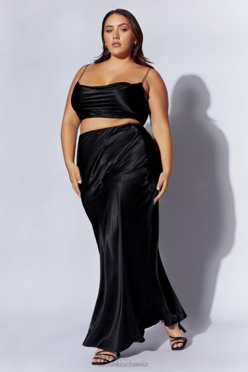 Meshki Mohnblumen-Satin-Top mit Wasserfallausschnitt Schwarz Kleidung 060V1026