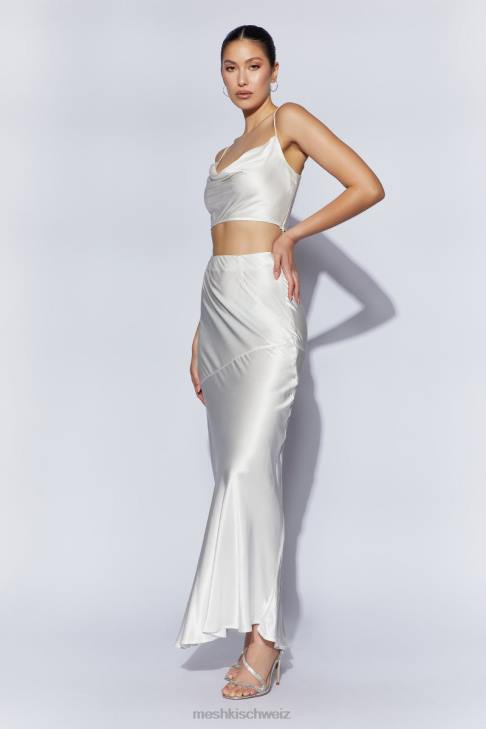 Meshki Mohnblumen-Satin-Top mit Wasserfallausschnitt Weiß Kleidung 060V1032