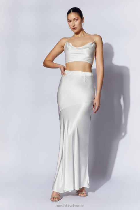 Meshki Mohnblumen-Satin-Top mit Wasserfallausschnitt Weiß Kleidung 060V1032