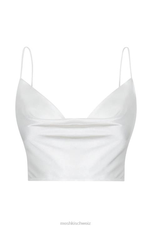 Meshki Mohnblumen-Satin-Top mit Wasserfallausschnitt Weiß Kleidung 060V1032
